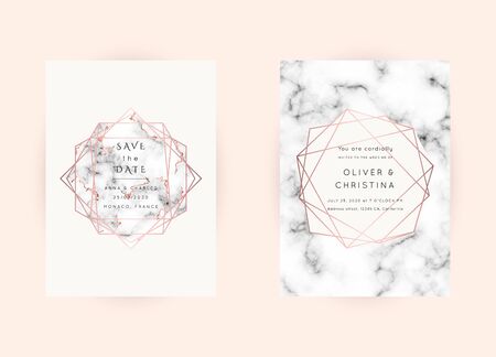 Vector marble modern wedding invitation templates set. Geometric frame with space for text.Luxury classy Rose Gold design.Pink brochure, flyer, cover, poster, card, logo, business identity style.のイラスト素材