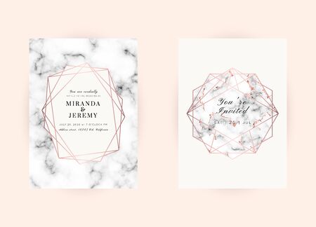 Vector marble modern wedding invitation templates set. Geometric frame with space for text.Luxury classy Rose Gold design.Pink brochure, flyer, cover, poster, card, logo, business identity style.のイラスト素材