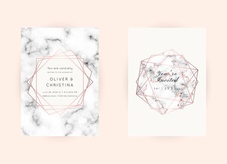 Vector marble modern wedding invitation templates set. Geometric frame with space for text.Luxury classy Rose Gold design.Pink brochure, flyer, cover, poster, card, logo, business identity style.のイラスト素材