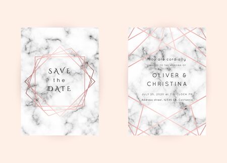 Vector marble modern wedding invitation templates set. Geometric frame with space for text.Luxury classy Rose Gold design.Pink brochure, flyer, cover, poster, card, logo, business identity style.のイラスト素材