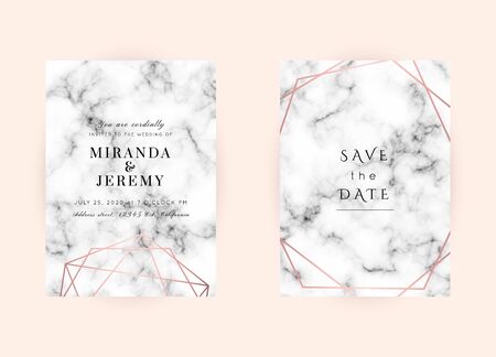 Vector marble modern wedding invitation templates set. Geometric frame with space for text.Luxury classy Rose Gold design.Pink brochure, flyer, cover, poster, card, logo, business identity style.のイラスト素材