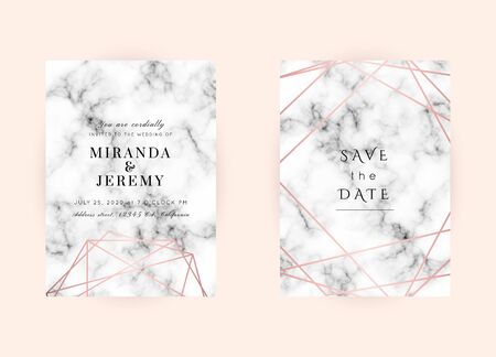 Vector marble modern wedding invitation templates set. Geometric frame with space for text.Luxury classy Rose Gold design.Pink brochure, flyer, cover, poster, card, logo, business identity style.のイラスト素材