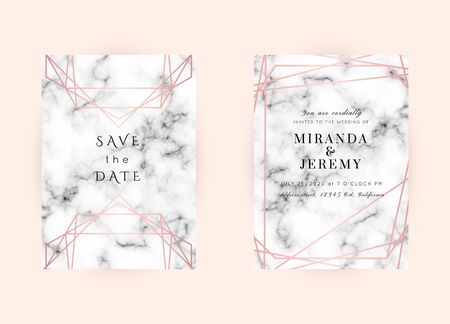 Vector marble modern wedding invitation templates set. Geometric frame with space for text.Luxury classy Rose Gold design.Pink brochure, flyer, cover, poster, card, logo, business identity style.のイラスト素材