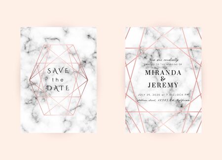 Vector marble modern wedding invitation templates set. Geometric frame with space for text.Luxury classy Rose Gold design.Pink brochure, flyer, cover, poster, card, logo, business identity style.のイラスト素材