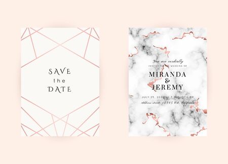 Vector marble modern wedding invitation templates set. Geometric frame with space for text.Luxury classy Rose Gold design.Pink brochure, flyer, cover, poster, card, logo, business identity style.のイラスト素材