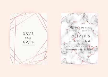 Vector marble modern wedding invitation templates set. Geometric frame with space for text.Luxury classy Rose Gold design.Pink brochure, flyer, cover, poster, card, logo, business identity style.のイラスト素材