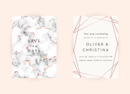 Vector marble modern wedding invitation templates set. Geometric frame with space for text.Luxury classy Rose Gold design.Pink brochure, flyer, cover, poster, card, logo, business identity style.のイラスト素材