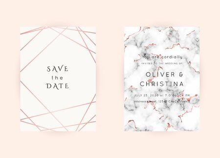 Vector marble modern wedding invitation templates set. Geometric frame with space for text.Luxury classy Rose Gold design.Pink brochure, flyer, cover, poster, card, logo, business identity style.のイラスト素材