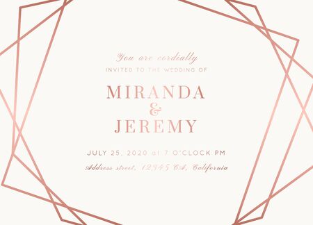 Vector modern wedding invitation template. Art Deco geometric frame.Polygon luxury classy Rose Gold on white design background.Pink brochure, flyer, cover, poster, card, logo, business identity style.のイラスト素材