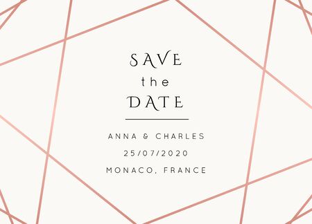 Vector modern wedding invitation template. Art Deco geometric frame.Polygon luxury classy Rose Gold on white design background.Pink brochure, flyer, cover, poster, card, logo, business identity style.のイラスト素材