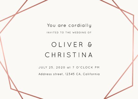 Vector modern wedding invitation template. Art Deco geometric frame.Polygon luxury classy Rose Gold on white design background.Pink brochure, flyer, cover, poster, card, logo, business identity style.のイラスト素材