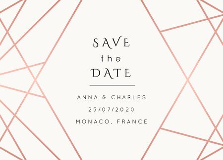 Vector modern wedding invitation template. Art Deco geometric frame.Polygon luxury classy Rose Gold on white design background.Pink brochure, flyer, cover, poster, card, logo, business identity style.のイラスト素材