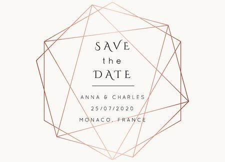 Vector modern wedding invitation template. Art Deco geometric frame.Polygon luxury classy Rose Gold on white design background.Pink brochure, flyer, cover, poster, card, logo, business identity style.のイラスト素材
