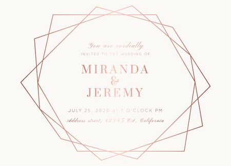 Vector modern wedding invitation template. Art Deco geometric frame.Polygon luxury classy Rose Gold on white design background.Pink brochure, flyer, cover, poster, card, logo, business identity style.のイラスト素材