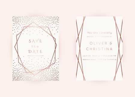 Vector modern wedding invitation templates set. Art Deco geometric frame.Polygon luxury classy Rose Gold design background.Pink brochure, flyer, cover, poster, card, logo, business identity style.のイラスト素材