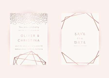 Vector modern wedding invitation templates set. Art Deco geometric frame.Polygon luxury classy Rose Gold design background.Pink brochure, flyer, cover, poster, card, logo, business identity style.のイラスト素材