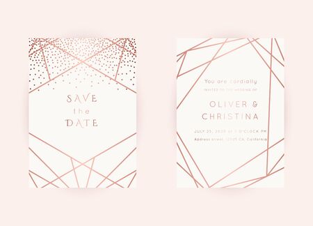 Vector modern wedding invitation templates set. Art Deco geometric frame.Polygon luxury classy Rose Gold design background.Pink brochure, flyer, cover, poster, card, logo, business identity style.のイラスト素材