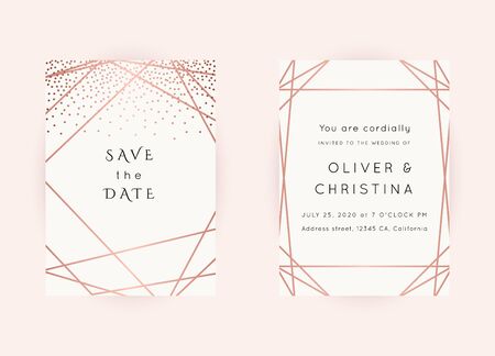 Vector modern wedding invitation templates set. Art Deco geometric frame.Polygon luxury classy Rose Gold design background.Pink brochure, flyer, cover, poster, card, logo, business identity style.のイラスト素材
