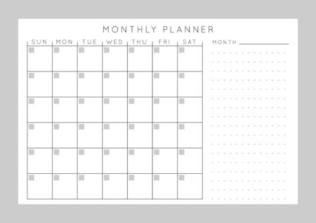 Vector monochrome minimalist abstract planner.Daily, weekly, monthly planner template.Blank printable horizontal notebook page with space for notes and goals.Business organizer.Paper sheet size A4.のイラスト素材