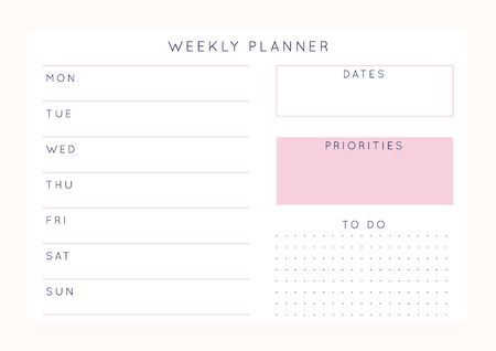 Vector minimalist abstract planner.Modern female organizer in pastel pink rose colors.Daily, weekly, monthly planner template.Blank printable horizontal notebook page.Paper sheet size A4.のイラスト素材