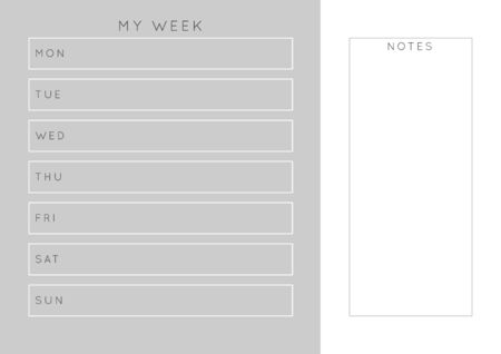 Vector monochrome minimalist abstract planner.Daily, weekly, monthly planner template.Blank printable horizontal notebook page with space for notes and goals.Business organizer.Paper sheet size A4.のイラスト素材