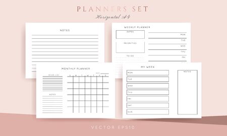 Set of minimalist abstract planners. Daily, weekly, monthly planner template. Blank printable horizontal notebook page with space for notes and goals. Business organizer. Paper sheet size A4.のイラスト素材