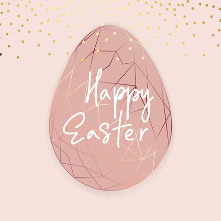 Rose Golden foil Happy Easter hand lettering greeting card.Vector modern copper egg. Art Deco classy design template. Hand drawn Holiday typography.のイラスト素材