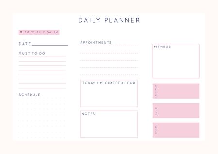 Vector minimalist abstract planner.Modern female organizer in pastel pink rose colors.Daily, weekly, monthly planner template.Blank printable horizontal notebook page.Paper sheet size A4.のイラスト素材