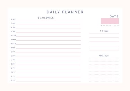 Vector minimalist abstract planner.Modern female organizer in pastel pink rose colors.Daily, weekly, monthly planner template.Blank printable horizontal notebook page.Paper sheet size A4.のイラスト素材