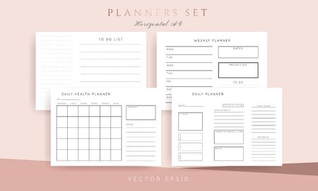 Set of minimalist abstract planners. Daily, weekly, monthly planner template. Blank printable horizontal notebook page with space for notes and goals. Business organizer. Paper sheet size A4.のイラスト素材
