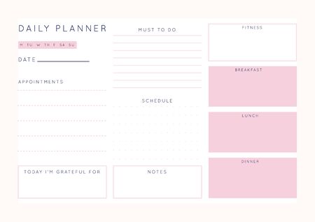 Vector minimalist abstract planner.Modern female organizer in pastel pink rose colors.Daily, weekly, monthly planner template.Blank printable horizontal notebook page.Paper sheet size A4.のイラスト素材
