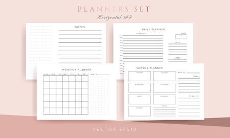 Set of minimalist abstract planners. Daily, weekly, monthly planner template. Blank printable horizontal notebook page with space for notes and goals. Business organizer. Paper sheet size A4.のイラスト素材
