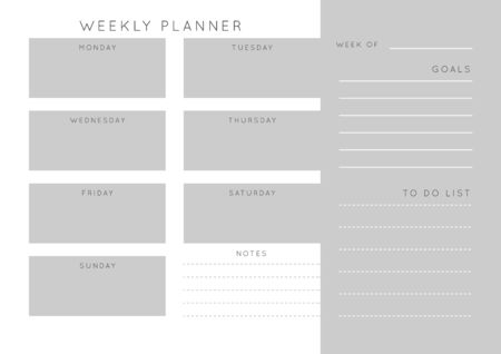 Vector monochrome minimalist abstract planner.Daily, weekly, monthly planner template.Blank printable horizontal notebook page with space for notes and goals.Business organizer.Paper sheet size A4.のイラスト素材