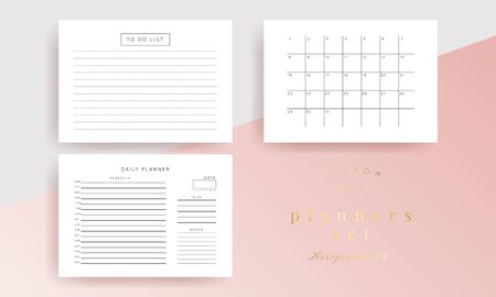Set of minimalist abstract planners. Daily, weekly, monthly planner template. Blank printable horizontal notebook page with space for notes and goals. Business organizer. Paper sheet size A4.のイラスト素材
