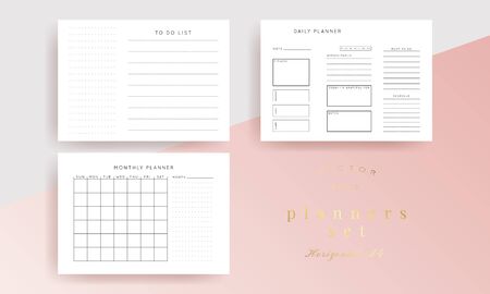 Set of minimalist abstract planners. Daily, weekly, monthly planner template. Blank printable horizontal notebook page with space for notes and goals. Business organizer. Paper sheet size A4.のイラスト素材
