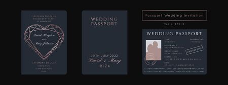 Destination Wedding Passport Invitation Vector Set.Boarding Pass ticket template.Modern luxury Geometric Heart  Rose Gold design.のイラスト素材