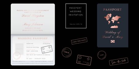 Rose Gold Foil Destination Wedding Passport Invitation Vector Set.Boarding Pass ticket template.Modern luxury design.のイラスト素材