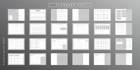 Set of minimalist abstract planners. Daily, weekly, monthly planner template. Blank printable vertical and horizontal notebook page with space for notes and goals. Business organizer. Paper sheet size A4.のイラスト素材