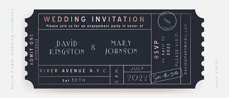 Classic Blue Movie Ticket. Wedding Invitation Vector Design.Vintage luxury design.Admission vip ticket of circus,party,cinema,theater,concert.Coupons template ticketing label with seat numbers.のイラスト素材