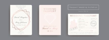 Destination Wedding Passport Invitation Vector Set.Boarding Pass ticket template.Modern luxury Rose Gold Geometric design.のイラスト素材