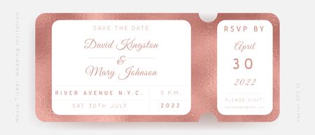 Rose Gold Foil Movie Ticket. Wedding Invitation Vector Design.Vintage luxury design.Admission vip ticket of circus,party,cinema,theater,concert.Coupons template ticketing label with seat numbers.のイラスト素材