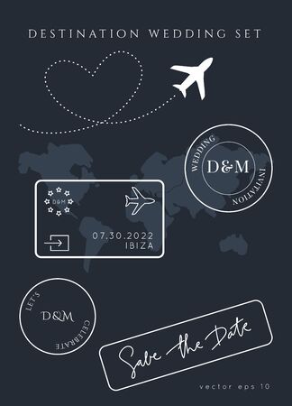 Destination Wedding Passport Invitation Vector Set. stamps pass template.World map atlas.Modern luxury design.のイラスト素材