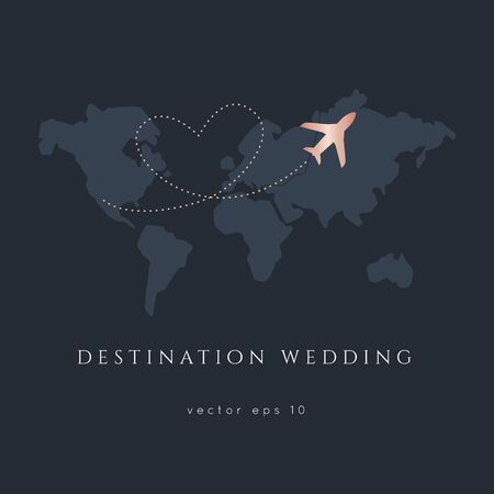World Map Destination Wedding.Vintage  Invitation overlay.Airplane flying around the world vector design template.Atlas Travel Theme.のイラスト素材