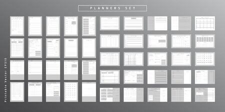 Set of minimalist abstract planners. Daily, weekly, monthly planner template. Blank printable vertical and horizontal notebook page with space for notes and goals. Business organizer. Paper sheet size A4.のイラスト素材
