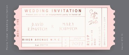 Rose Gold Foil Movie Ticket. Wedding Invitation Vector Design.Vintage luxury design.Admission vip ticket of circus,party,cinema,theater,concert.Coupons template ticketing label with seat numbers.のイラスト素材