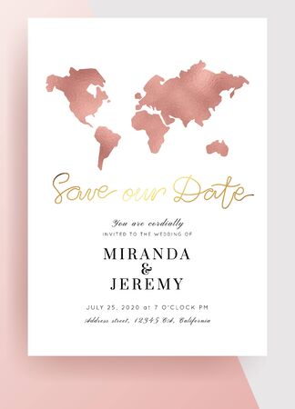 Destination Wedding Invitation. Rose gold foil world map. Modern luxury vector design template.のイラスト素材
