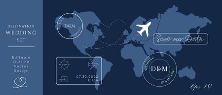 Destination Wedding Passport Invitation Vector Set.Visa stamps pass template.World map atlas.Modern luxury design.のイラスト素材