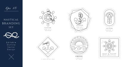 Nautical icons set.Editable line vector.Sea and ocean symbols bundle, black isolated elements.Template for logo or branding.Sailor cruise, yacht club, business identity, menu, card design.のイラスト素材