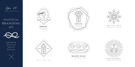 Nautical icons set.Editable line vector.Sea and ocean symbols bundle, black isolated elements.Template for logo or branding.Sailor cruise, yacht club, business identity, menu, card design.のイラスト素材