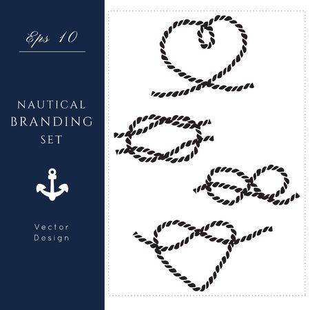 Nautical icons and frames set.Rope texture vector.Sea and ocean symbols bundle, black isolated elements.Template for logo or branding.Sailor 
cruise, yacht club, business identity, menu, card design.のイラスト素材